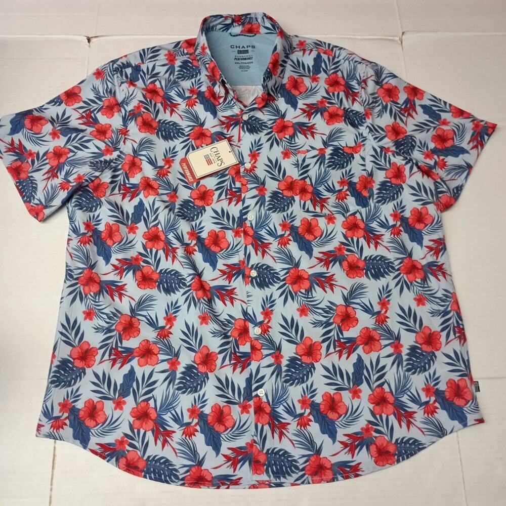 Chaps Everyday Performance Shirt Mens Size 2XL Costal Blue Floral Stretch UPF 50